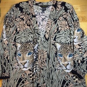 Valentina Leopard Print Cardigan‎ Duster Animal Print Long Sleeve Cover Up Tan L